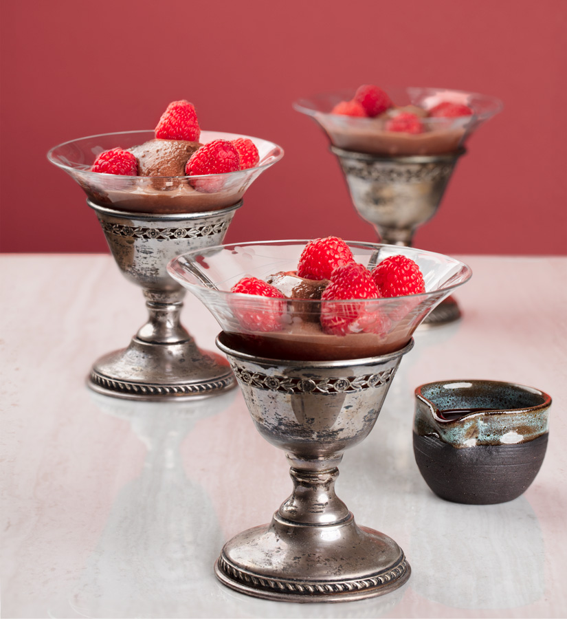 Chocolate sauce and chocolate gelato with raspberries