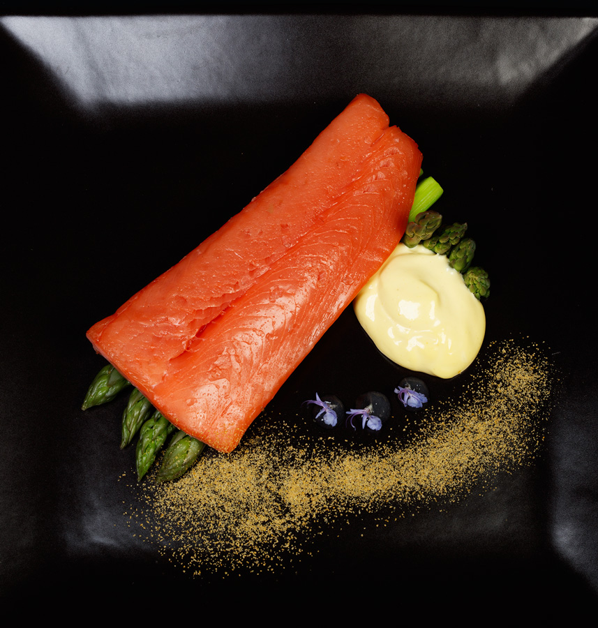 homemade-saffron-lemongrass-mayonnaise-plated-with-coho-salmon-and-asparagus