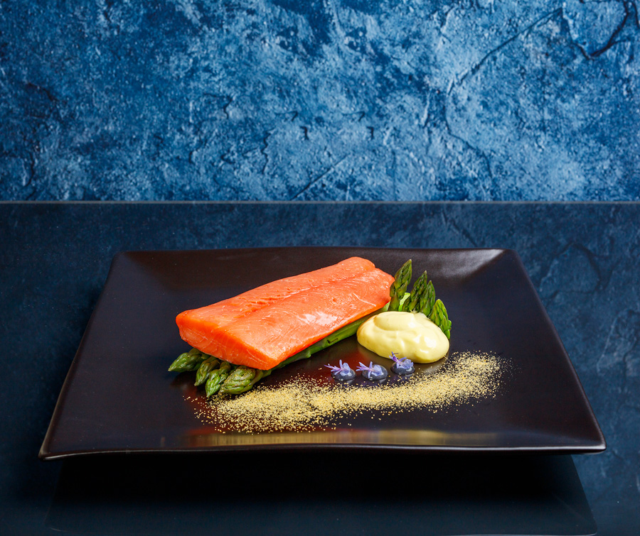 homemade-saffron-lemongrass-mayonnaise-plated-with-coho-salmon-and-asparagus