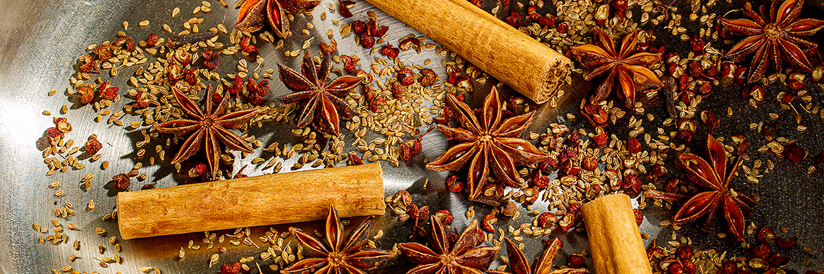 pan roast cassia, star anise, anise seed, cloves, and fennel seeds for 5-spice powder