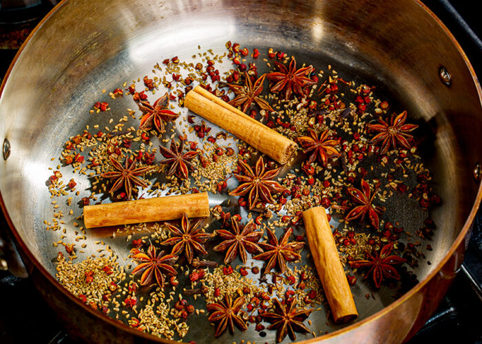 pan roast cassia, star anise, anise seed, cloves, and fennel seeds for 5-spice powder