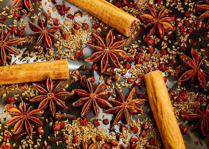 pan roast cassia, star anise, anise seed, cloves, and fennel seeds for 5-spice powder