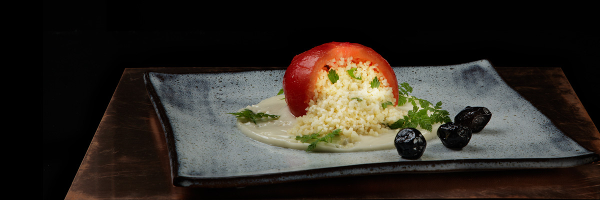 early season tomato with couscous on miso mayo